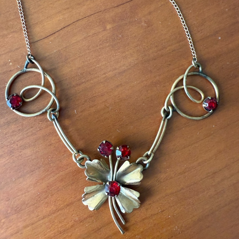 Vintage Necklace Elegant Gold Fill W Red Stones Flower, Signed, Celtic,